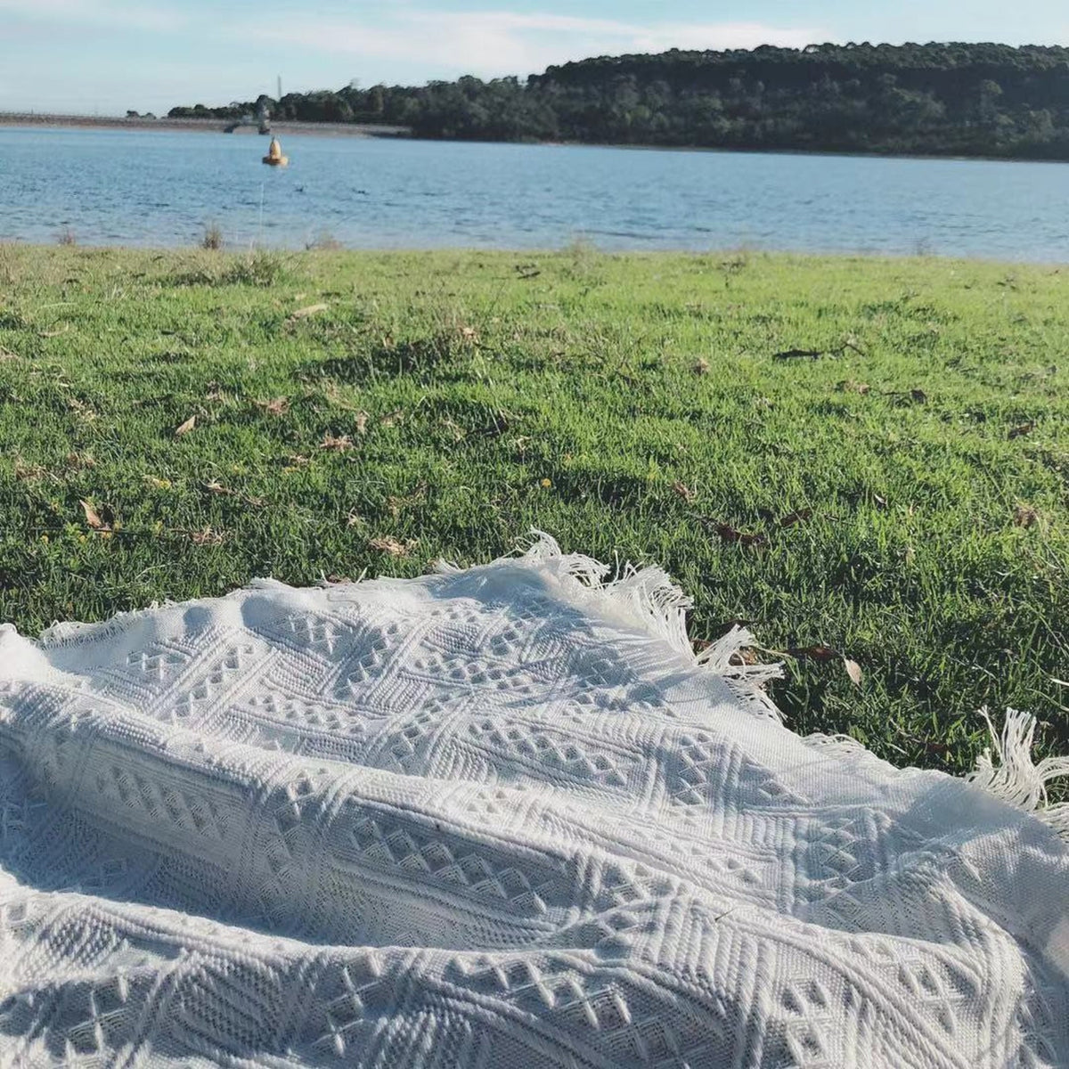 White Boho Picnic Rug with Waterproof Mat &amp; Handle | Beach Mat - ESSENTIAL STOCKIST ESSENTIAL STOCKIST
