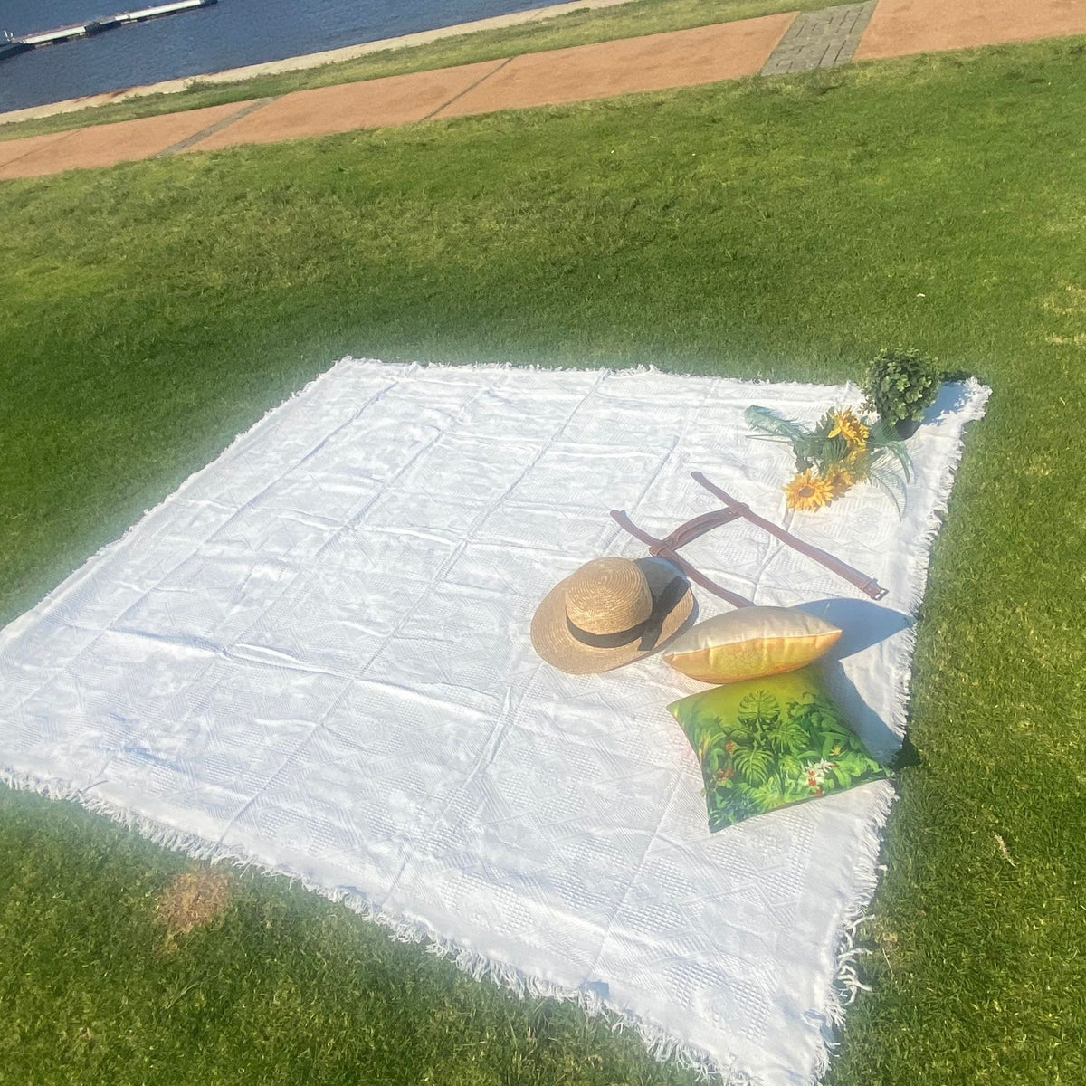 White Boho Picnic Rug with Waterproof Mat &amp; Handle | Beach Mat - ESSENTIAL STOCKIST XL White Rug Only ESSENTIAL STOCKIST