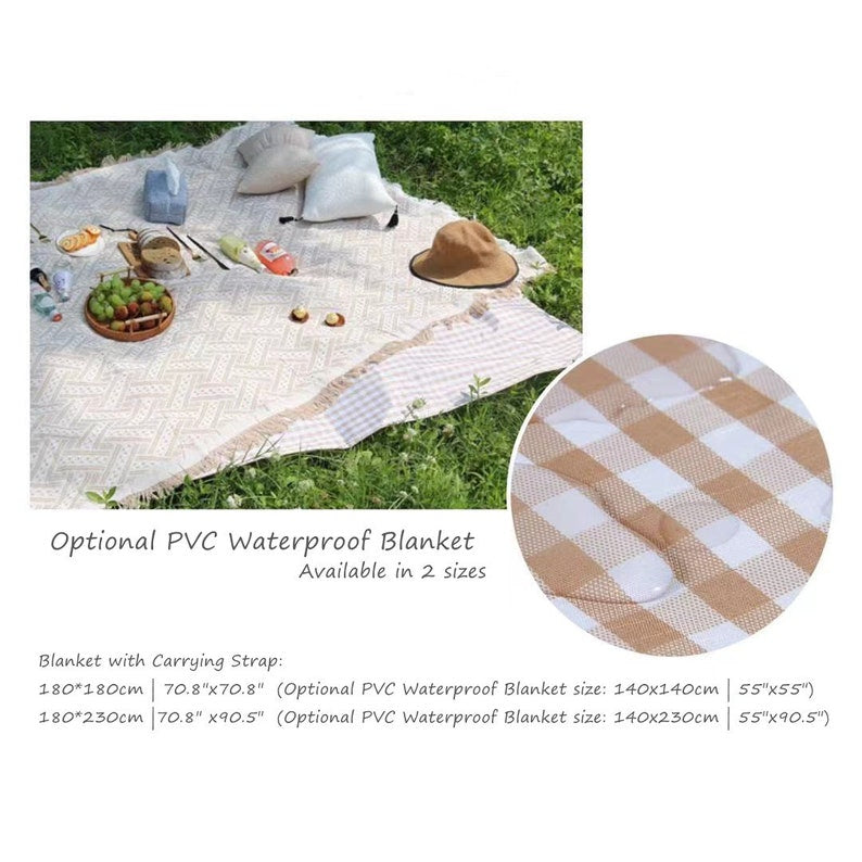 White Boho Picnic Rug with Waterproof Mat &amp; Handle | Beach Mat - ESSENTIAL STOCKIST ESSENTIAL STOCKIST